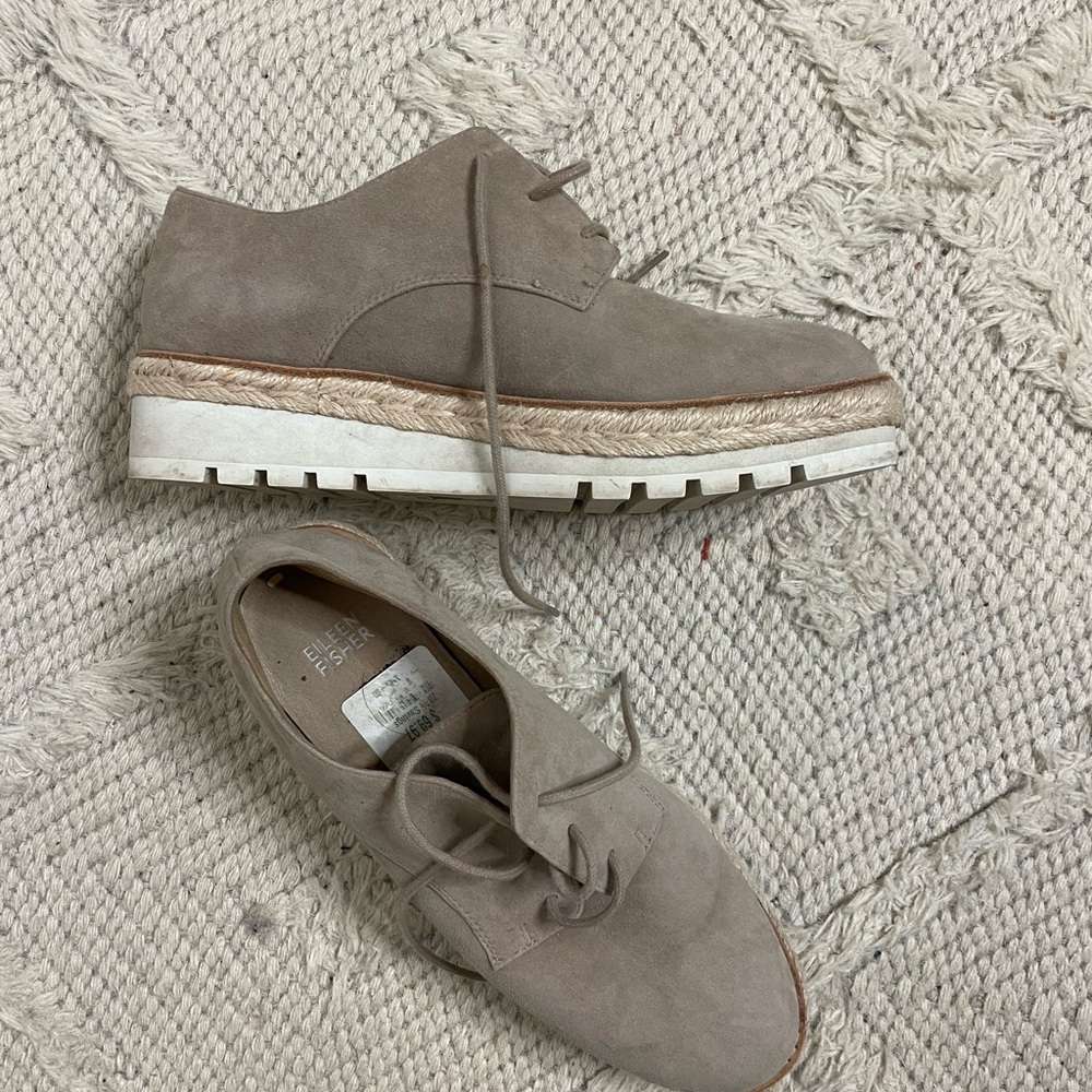 Eileen Fisher Everly Derby Platform Wedge Espadrille Suede Shoes Size 8.5